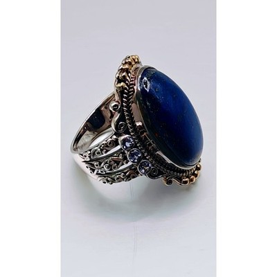 Statement Ring Lapislazuli 925 Sterling Silber 18K Gold Akzent Gr. 6,25 signiert