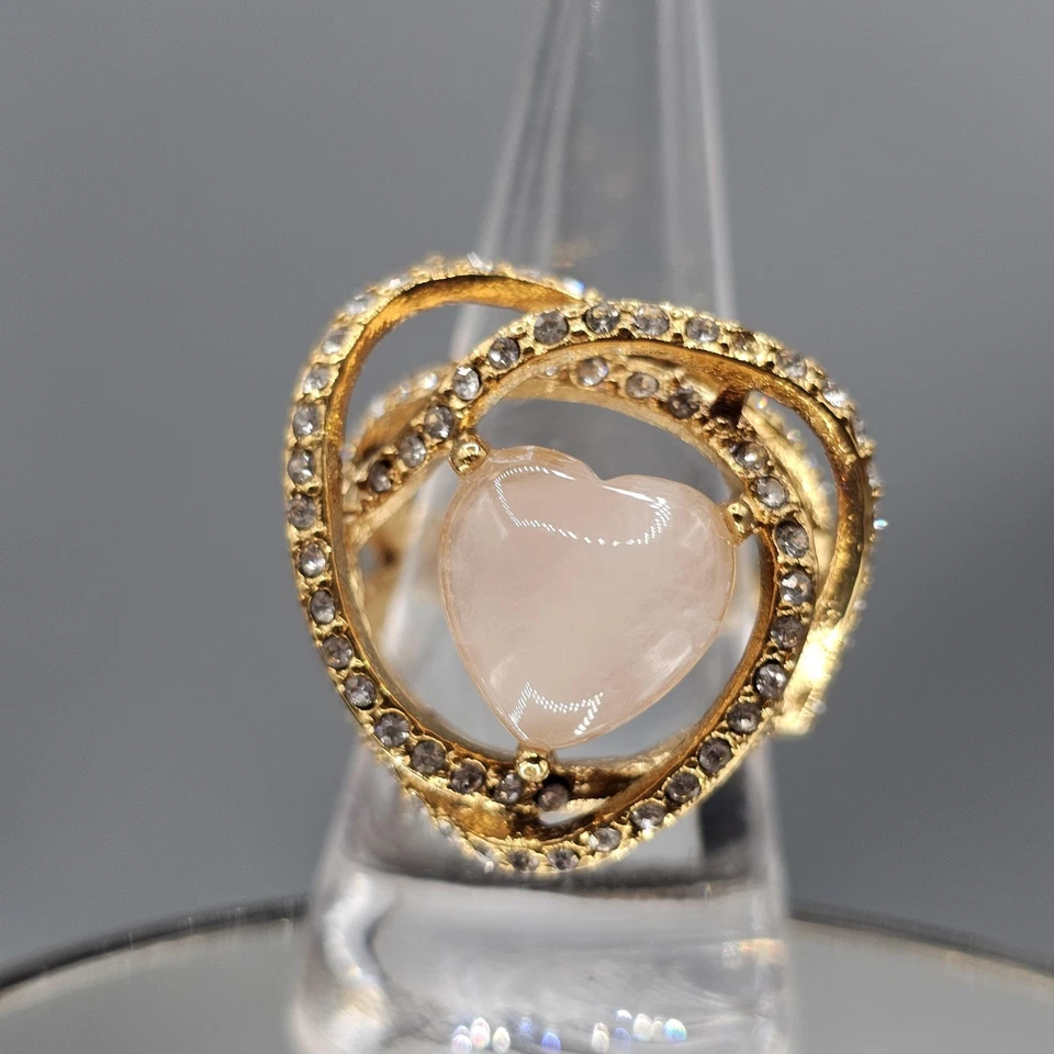 Rose Quartz Heart Ring Sz 8.5 Gold Tone Stainless Steel Missing Crystal Accent - Image 2 of 4