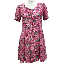 Monteau Skater Dress Pink & Green Floral Gold Button Front Size M 12 Cottagecore