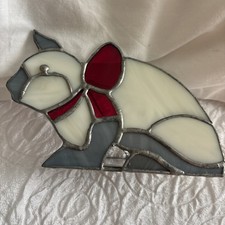 Stain Glass Sun Catcher Calico White Cat Sitting Rec Bow 5 a93