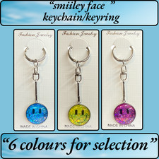 Smiley Face Cabochon Keyring Happy Metal Keychain Gift Fun Emoji Bag Charm UK