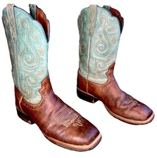 Justin cowboy boots vintage leather brown & aqua decorative stitching men’s US 9