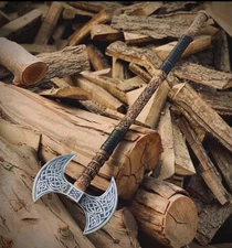 Hand Forged Double Headed High Carbon Steel Viking Axe, Long Axe, Bearded Axe.