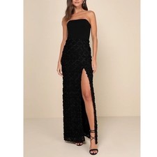 Lulus Ravishing Appeal Maxi Dress Womens Small Black Floral Applique Front Slit