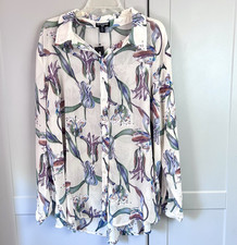 Sheer Floral White Tunic Womens 16 Long Sleeve Button Up Plus Casual Office New