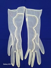 Vintage White Nylon Evening Gloves Sheer Tulle Size 6 - 12" Long Embellisments