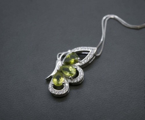 2Ct Oval Lab Created Peridot Butterfly Pendant 14K White Gold Plated With Chain - Picture 2 of 7