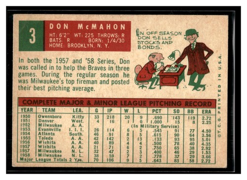 1959 Topps #3 Don McMahon - Bild 2 von 2