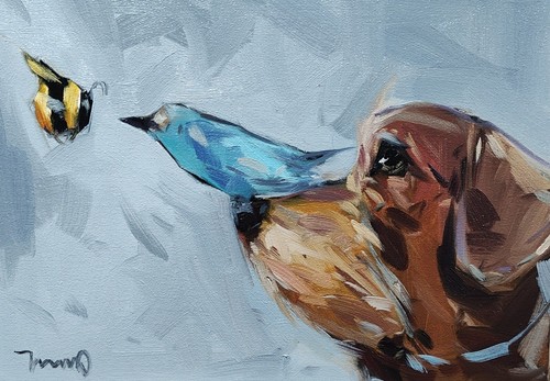 JOSE TRUJILLO Oil Painting IMPRESSIONISM Collectible ORIGINAL Dog Bird Bee coa