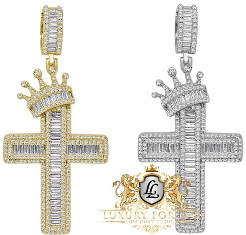 Baguette 14K Gold Finish Simulated Diamond Holy Jesus Cross Crown Pendent Charm - Foto 6 di 6