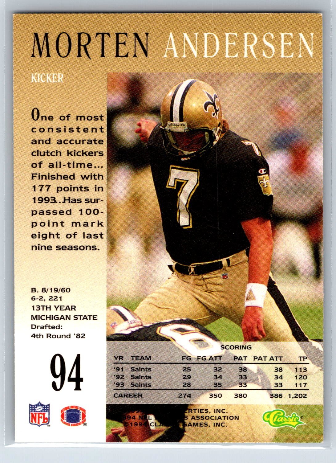 1994 Pro Line Live Morten Andersen New Orleans Saints #94 | eBay