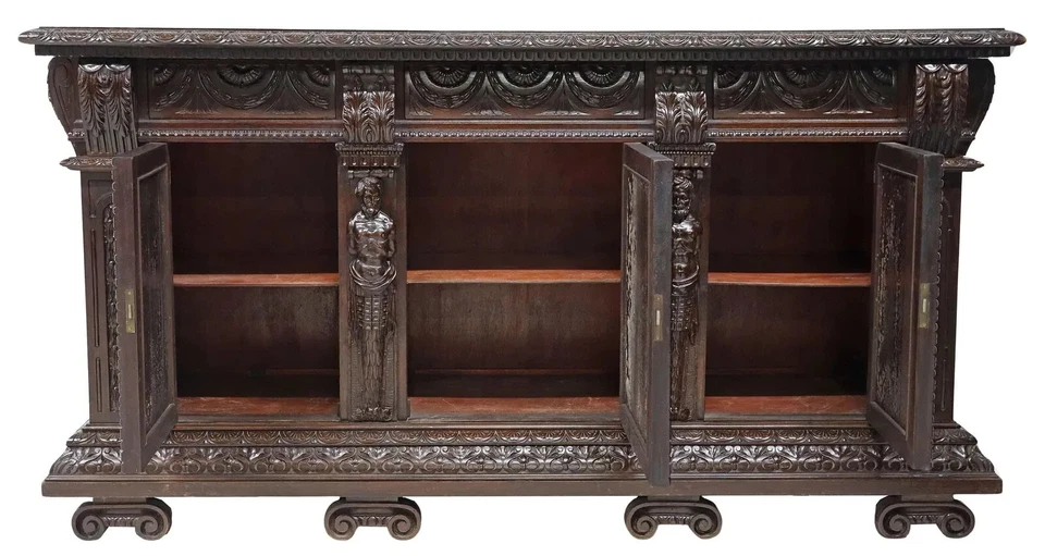 Aparador antiguo, renacimiento renacentista italiano, tallado, nogal, ¡principios de 1900! Foto 3 de 4