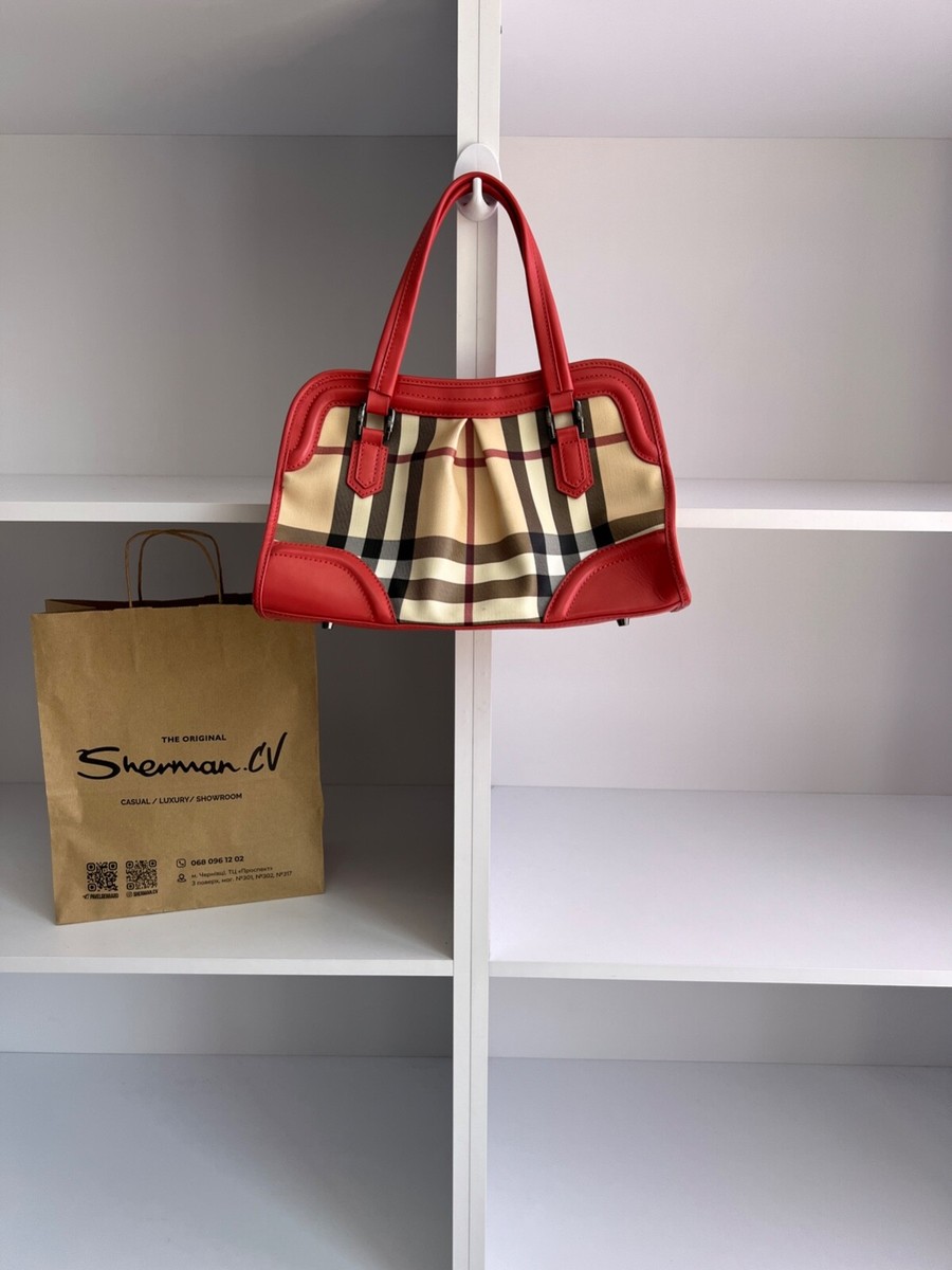 Vintage Burberry Red Patent Leather Trim Super Nova Check Tote Bag Vintage Burberry Red Patent Leather Trim Super Nova Check Tote Bag