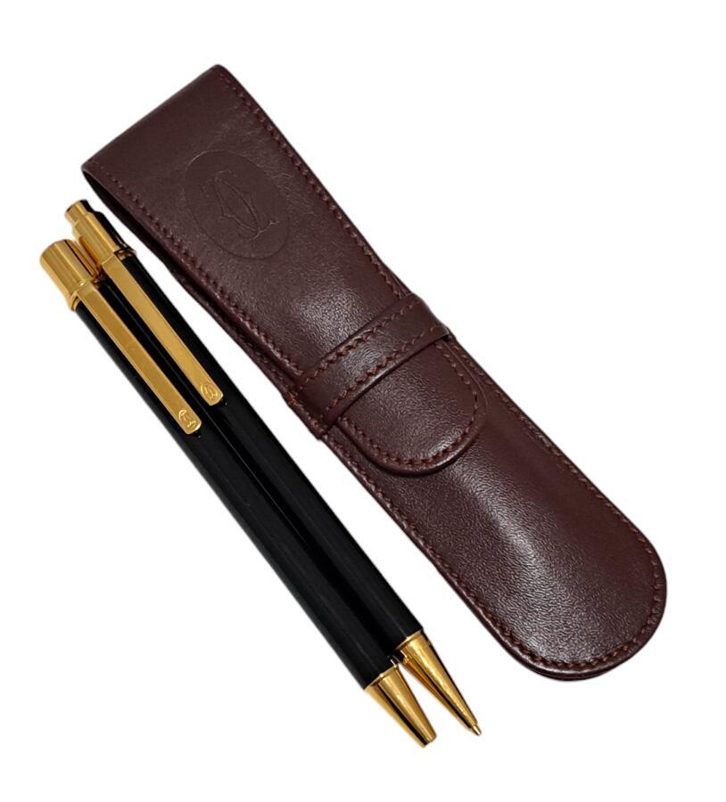 Cartier Ballpoint Pen Mechanical Pencil Case Set Must Black Gold