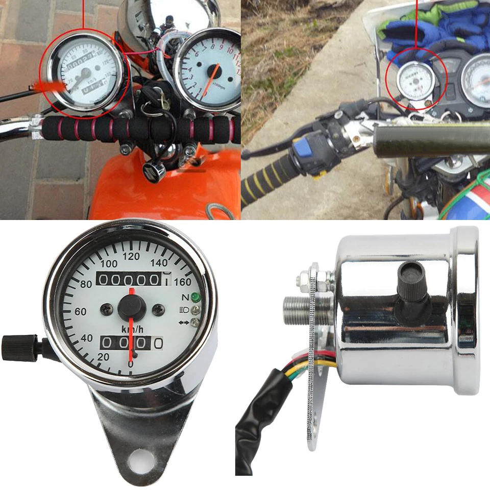 Luz trasera LED cromada para motocicleta doble odómetro KMH velocímetro medidor universal Foto 3 de 4