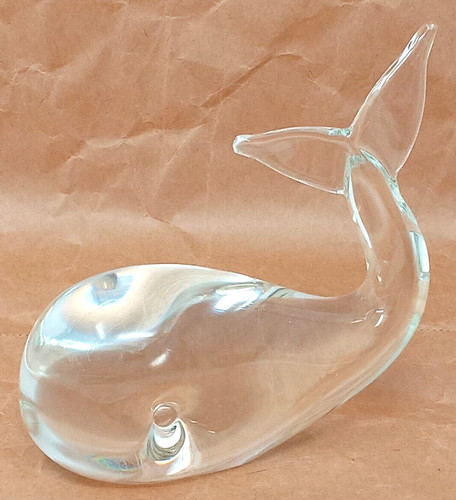 Licio Zanetti Art Glass Whale Murano clear Etched Signature signed ~ 6" vintage