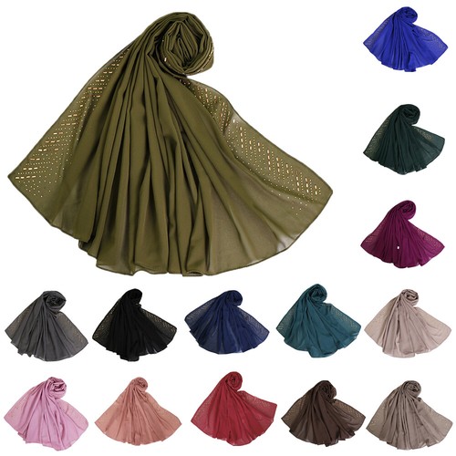 Muslim Women Hijab Chiffon Long Scarf Rhinestone Scarves Head Wrap Shawl Stoles - Bild 2 von 35