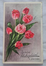 1930s Name Day Greeting Tulips Postcard with 1941 Czech Bohemia & Moravia SC #49