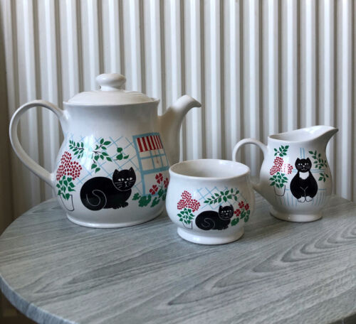 Ensemble pot de thé vintage pot à lait et bol à sucre par Sadler / chat noir - Photo 1/10