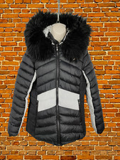 Womens Steve Madden Uk Large Black White Faux Fur Hood Padded Puffer Jacket Coat