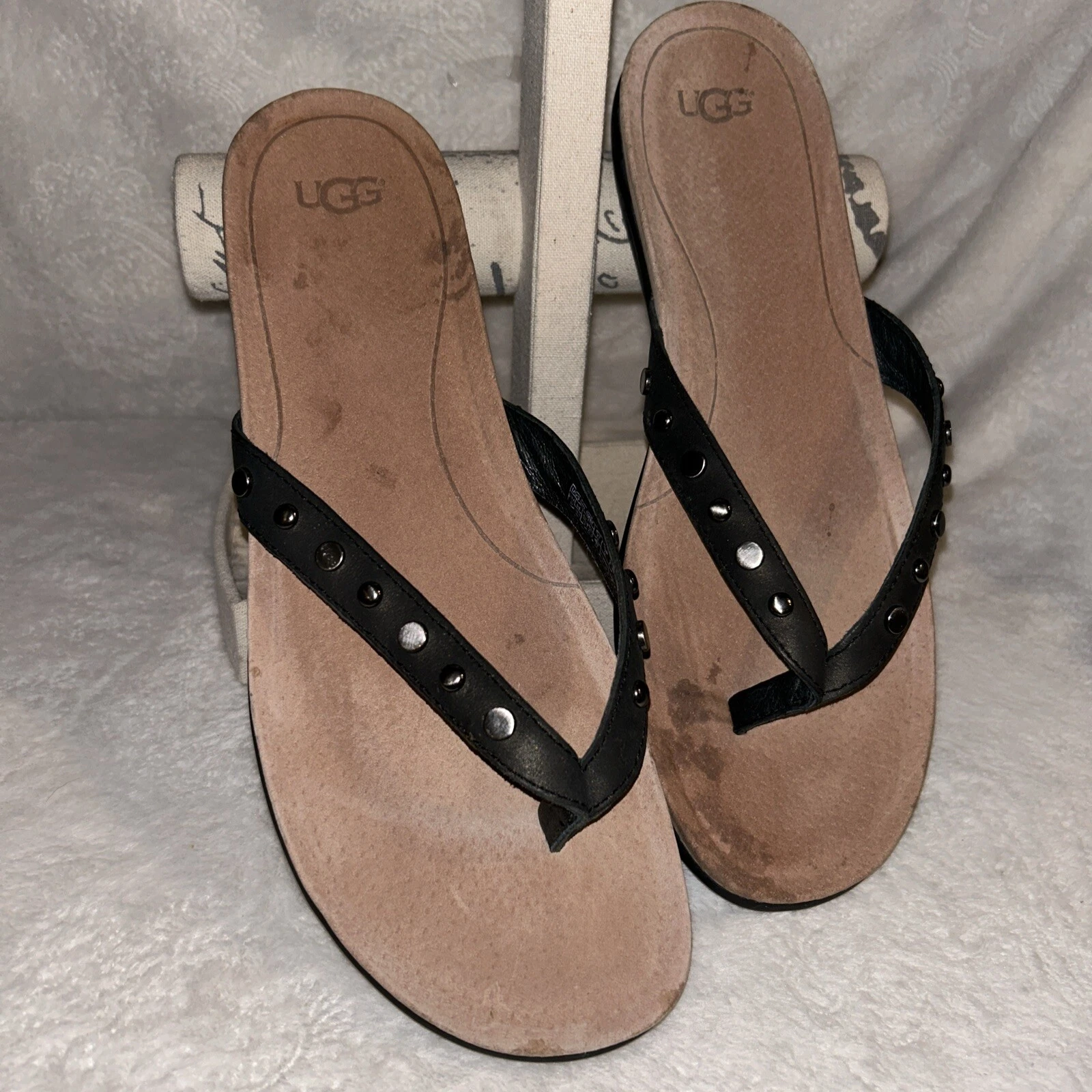 Sandali infradito infradito infradito in pelle nera UGG taglia: 12 neri con soletta in sughero