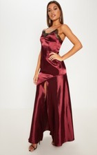 Women’s Ladies Pretty Little Thing Burgundy Satin Lace Trim Maxi Dress Size 8