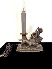 Vintage Cast Metal Figural Desk Lamp of a HUNTER with HIS DOG Retriever 11" H