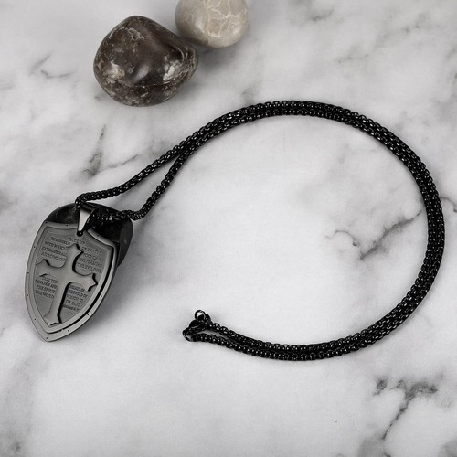 Men Cross Pendant Necklace Stainless Steel Shield Armor of God Ephesians Bible - Picture 13 of 18