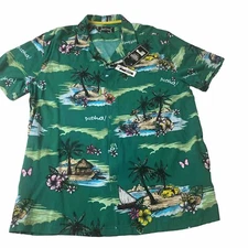 Good Vibes Hawaiian Aloha Mens L Shirt Button up Green Island wear vacation new