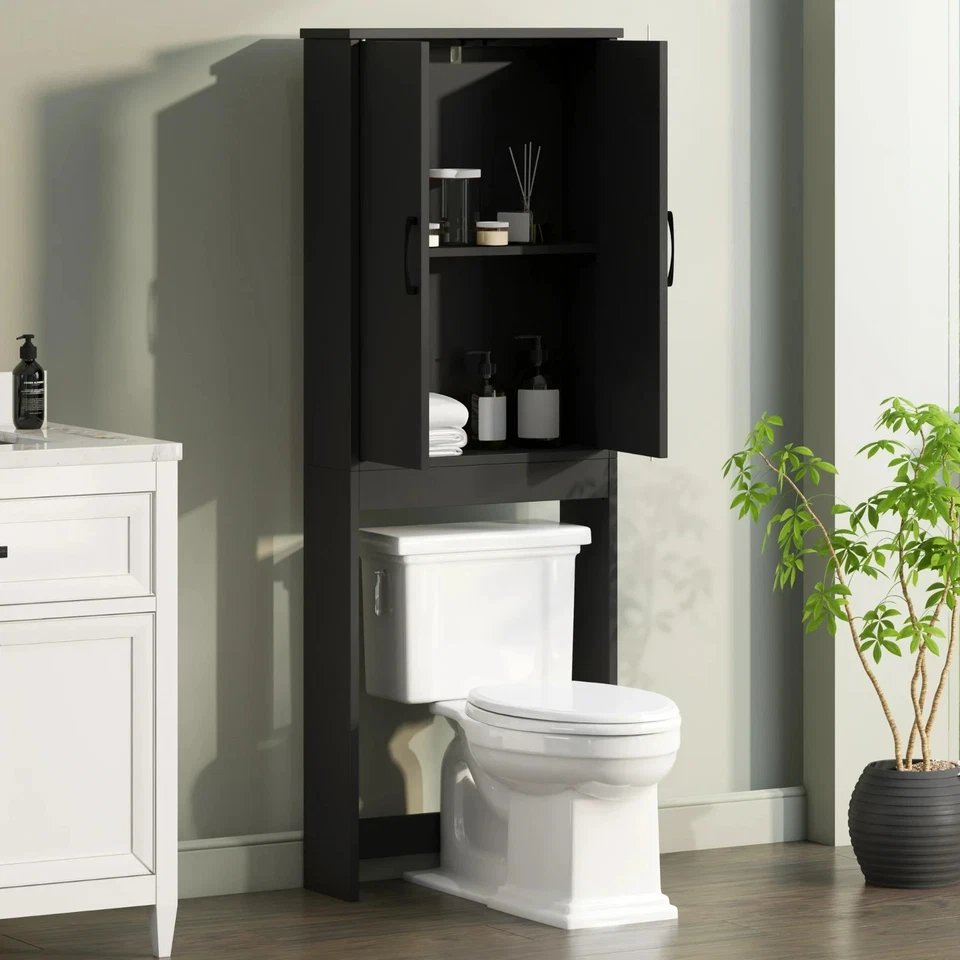 Mueble de baño con estantes acabado negro para ahorrar espacio sobre el inodoro Foto 2 de 4