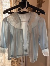 Vintage Sheer Blue Bed Jacket Lace Collar Tie Front Lingerie Top