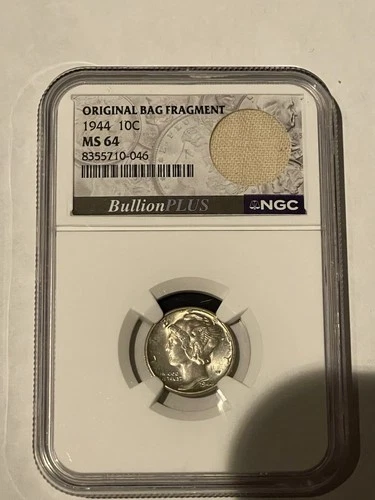 1944 10c Silver Mercury Dime MS64 NGC w/ Original Bag Fragment BullionPLUS