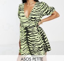 Asos Neon black tiger print wrap dress with tie waist us 4 petite