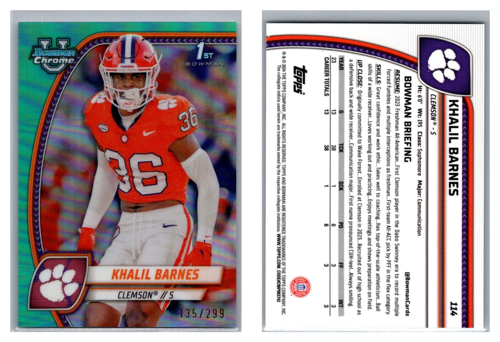 Khalil Barnes Aqua Refractor #135/299 2024 Bowman U Chrome Clemson Tigers
