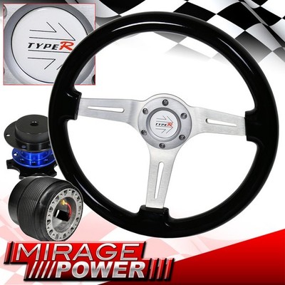 Blue Quick Release + Black Wood Trim Chrome Mid Steering Wheel For 89-05 Eclipse