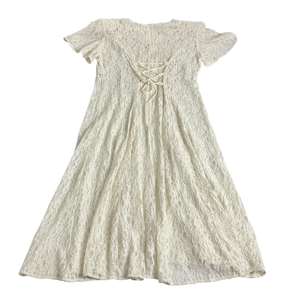 Maxi Vestido Vintage Años 80 Encaje XL Crema Boho Pradera Renacimiento Boda Corsé Espalda Foto 4 de 4