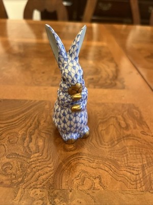 Herend Hand Painted Porcelain Rabbit Figurine Blue White Gold Signed 