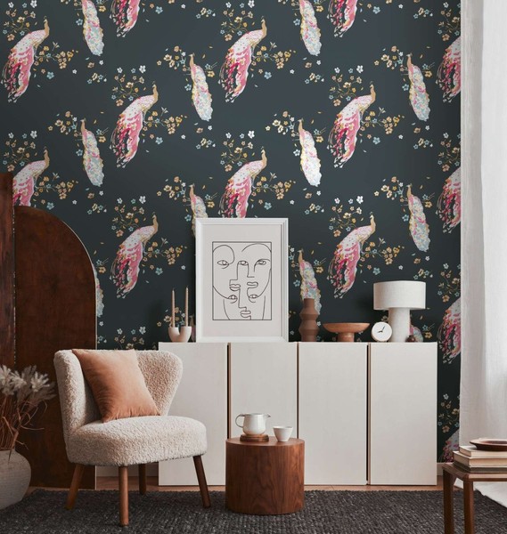 Vliestapete Mit Pfau Muster Mit Glanz & Struktur – Schwarz, Gold, Bunt-image
