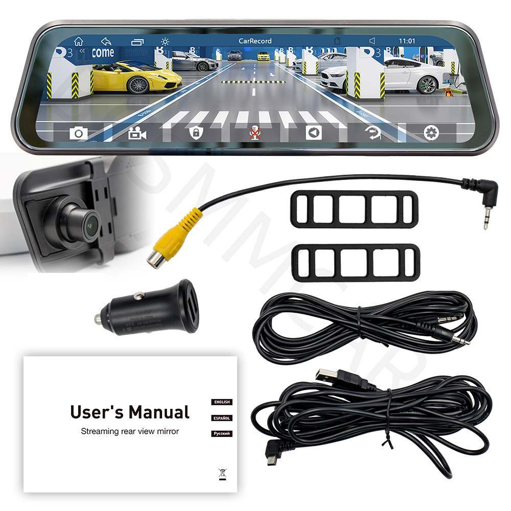 9.36in Wireless CarPlay Rearview Mirror Dash Cam Recorder Multimedia FM Radio