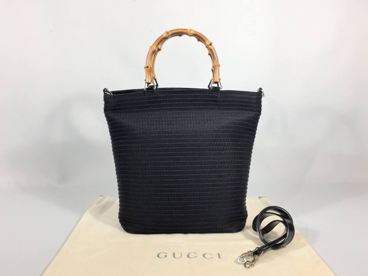 GUCCI Bamboo Line 2-Way Shoulder Bag in Black Canvas & Leather 194133