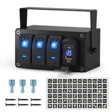 Marine Rocker Switch Panel 3 Gang 12V Dual USB Outlet PD Type C Voltmeter