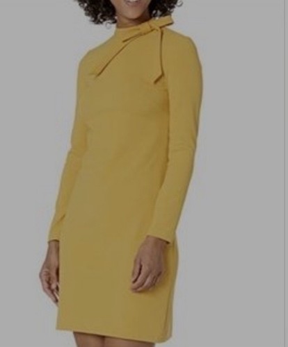 Calvin Klein Long Sleeve Bow Tie Yellow Sheath Dress Size 10 - Picture 13 of 15