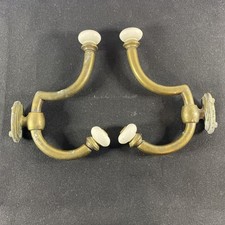 Set of Vintage Brass Porcelain Knob Wall Mount Double Towel Hanger Coat Hooks