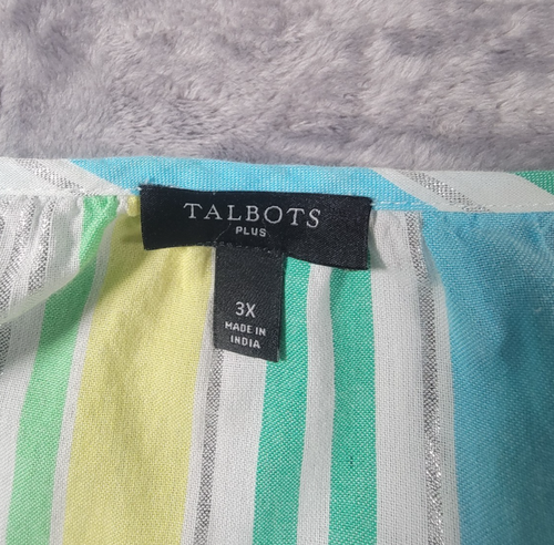 Talbots Plus Womens 3X 3/4 Sleeve Metallic Stripe Popover Blouse Blue Green - Picture 10 of 14