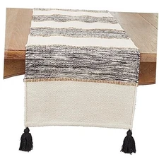  Striped Table Runner with Playful Tassels, 16"x72" Black/White