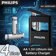 4 PCS Philips Rechargeable Lithium AA Batteries Charger 3600mWh 1.5V 2000 Cycles