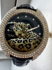 Diamonique by Tova 3.2ct tw Panther Dial Leather Strap Watch