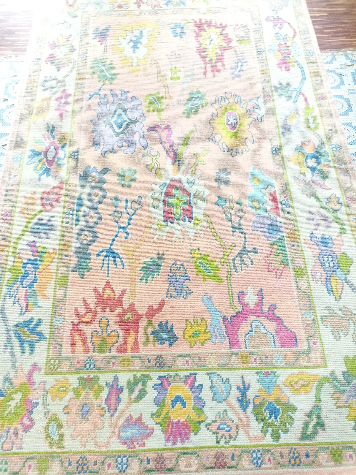 Hand Knotted Oushak Wool Rug Pink Pastel Floral Turkish Area Rug 8x10
