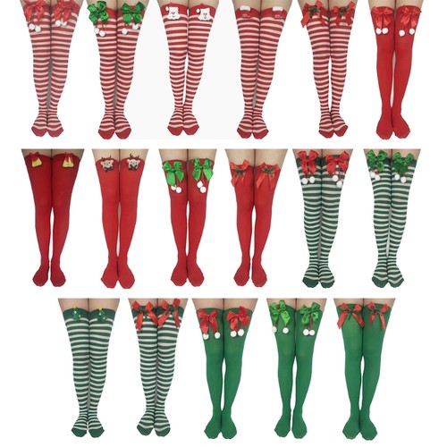 Women Christmas Striped Thigh High Stockings with Santa Claus Bow Over Knee Sock