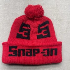 Snap On Hat Cap Adult One Size Red Beanie Logo Snow Winter Knit Made In USA